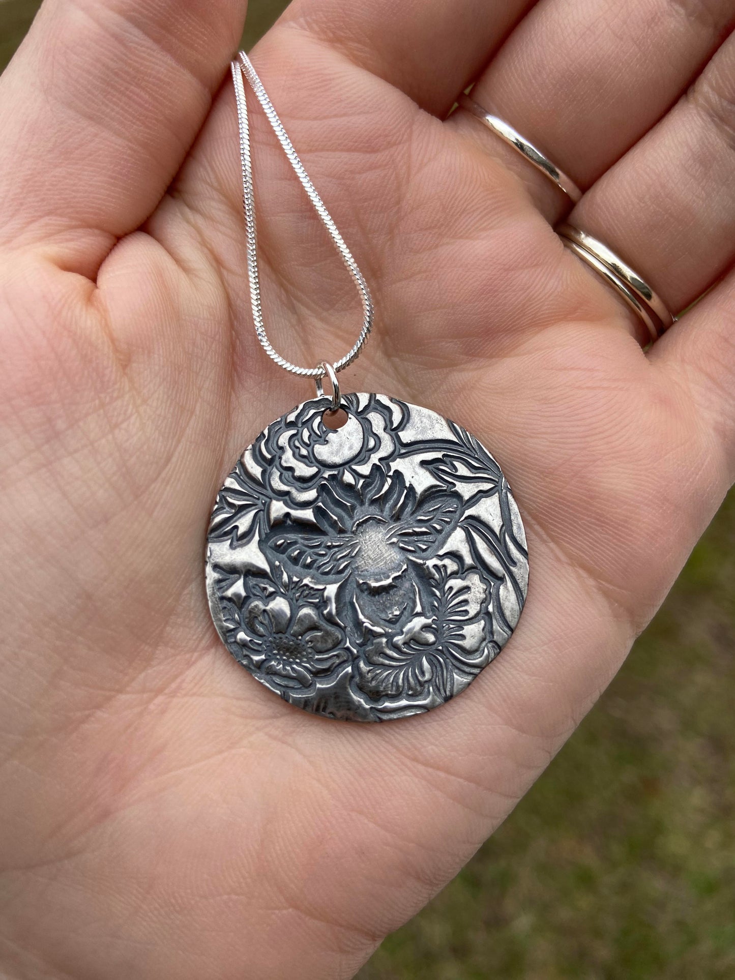 Handmade Silver Floral Bee Pendant